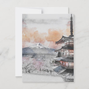 Carte Postale Pagode japonaise et mont Fuji à l'aquarelle