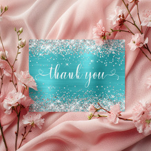 Carte Postale Pailleté Argent Bleu Aqua Douce 16 Cœurs Merci