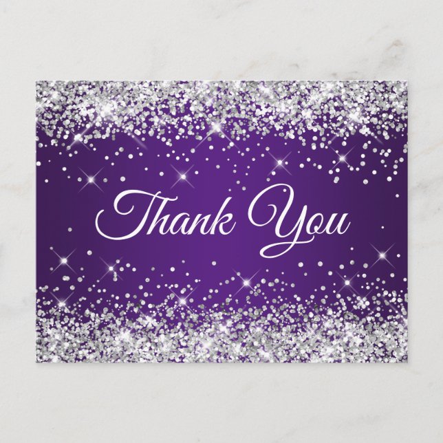 Carte Postale Pailleté Argent Glitter Royal Violet Merci (Devant)