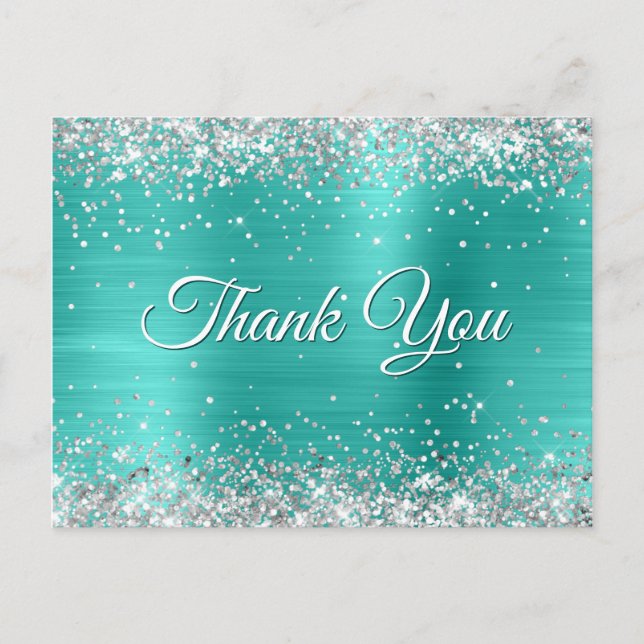 Carte Postale Pailleté Argent Glitter Turquoise Feuille de Merci (Devant)