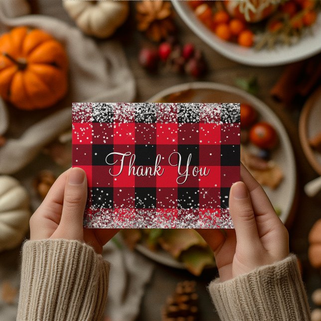 Carte Postale Paillettes Argentées Brillantes Plaid Rouge Buffal (Sparkly Silver Glitter Red Buffalo Plaid Thank You Postcard)