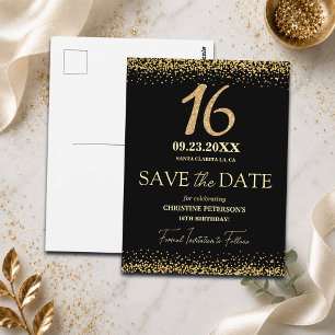 Carte Postale Paillettes d'or noir 16e anniversaire Enregistrer 