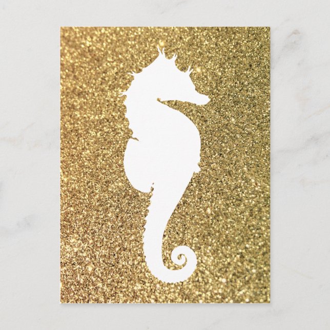 Carte Postale Paillettes dorées et hippocampe blanc (Devant)