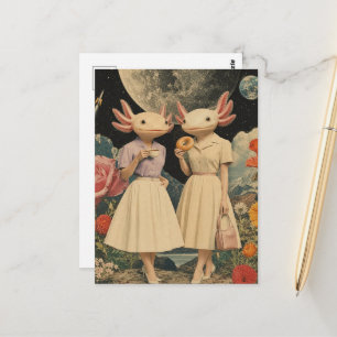 Carte Postale Paire d'axolotl surréaliste petit-déjeuner collage