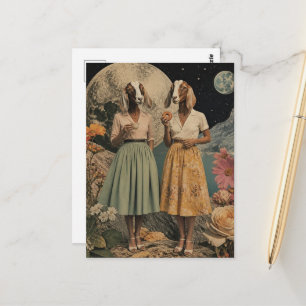 Carte Postale paire de dames chèvres collage surréaliste de peti