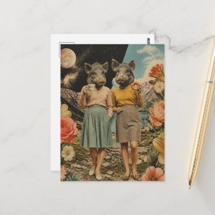 Carte Postale Paire surréaliste de dames cochons collage de peti
