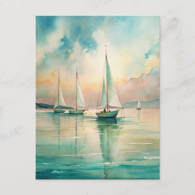 Carte Postale Paisible Pastel Bateaux à voile Art marin nautique (Devant)