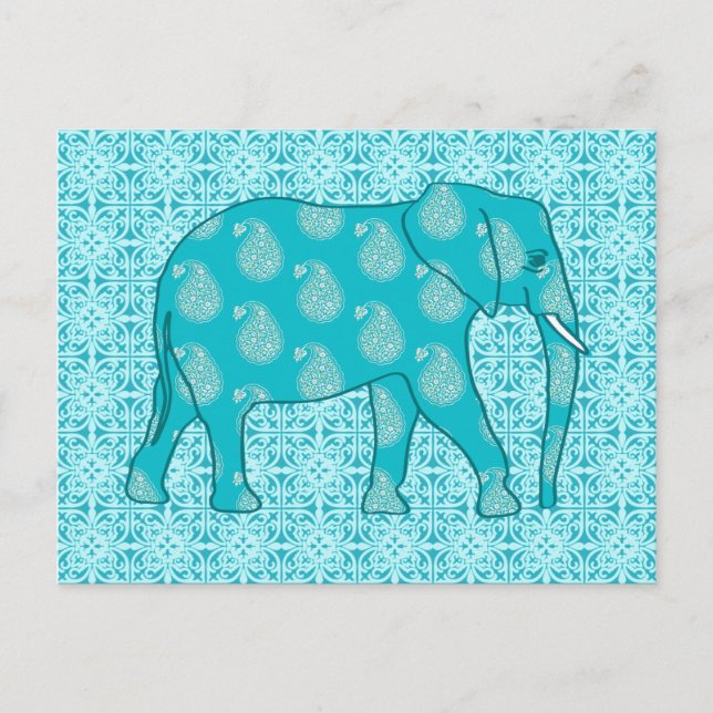Carte Postale Paisley éléphant - turquoise et aqua (Devant)