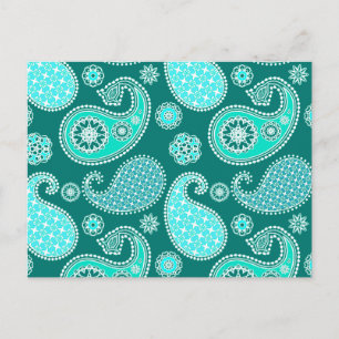 Carte Postale Paisley motif, Turquoise, Aqua et White