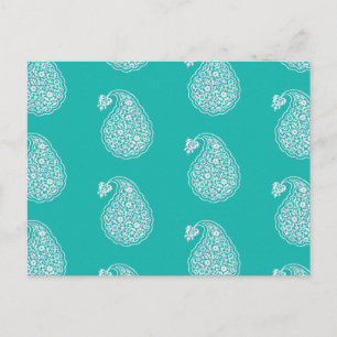 Carte Postale Paisley perse - blanc sur turquoise