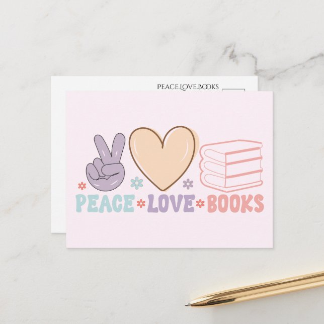 Carte postale Paix Amour Livres (Devant/Arrière en situation)