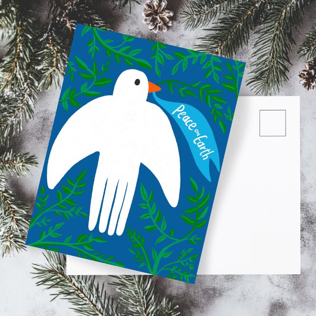 Carte Postale Paix sur Terre Dove Noël Noël Noël Noël Noël Noël  (Peace on Earth Dove Christmas Xmas Holiday Hand Drawn Botanical Blue Postcard
)