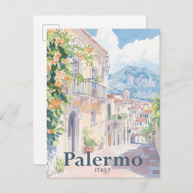 Carte Postale Palerme Italie Aquarelle Peinture Voyage (Devant / Derrière)