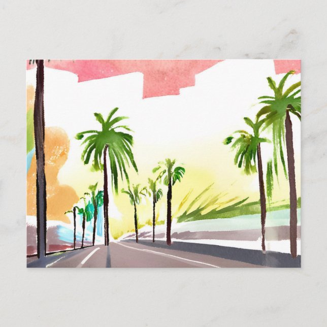 Carte Postale Palm Road | Aquarelle contemporaine moderne (Devant)