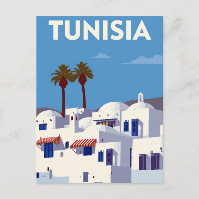 Carte Postale Palmiers de Tunisie Art Bleu & Blanc (Devant)