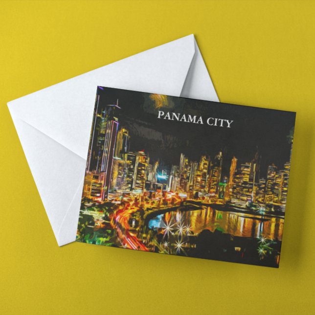 Carte Postale Panama City By Night Panorama Vue Peinture (Panama City By Night Panorama View Painting Postcard)