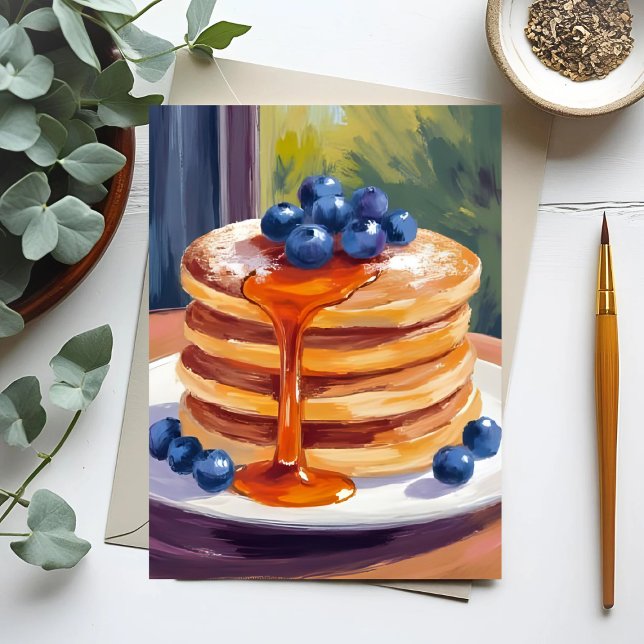 Carte Postale Pancakes aux bleuets | Peinture à l'huile (Créateur téléchargé)
