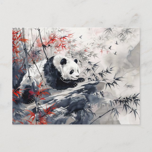 Carte Postale Panda aquarelle chinoise et bambou (Devant)