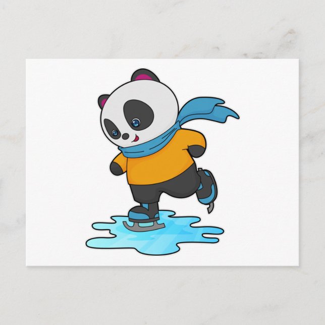 Carte Postale Panda au patinage sur glace avec des patins à glac (Devant)