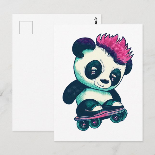Carte Postale Panda bébé mignonne avec mohawk | Panda de patinag (Devant / Derrière)