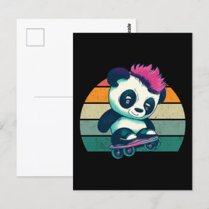 Carte Postale Panda bébé mignonne avec mohawk Panda de patinag