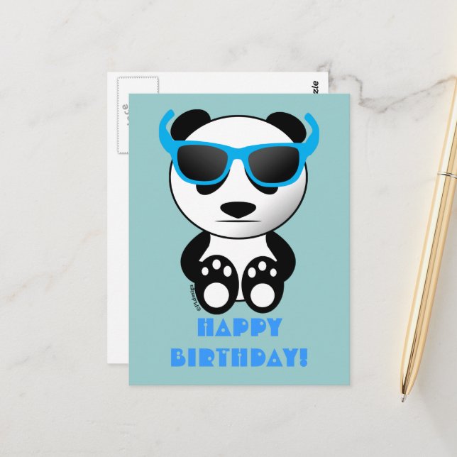 Carte Postale Panda cool avec lunettes de soleil | Joyeux annive (Devant/Arrière en situation)