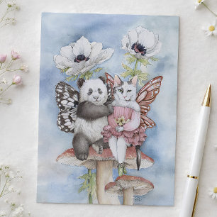 Carte Postale Panda et chat fée amis avec des fleurs d'anémone