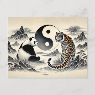 Carte Postale Panda et Tigre Yin et Yang dans le style d'art asi