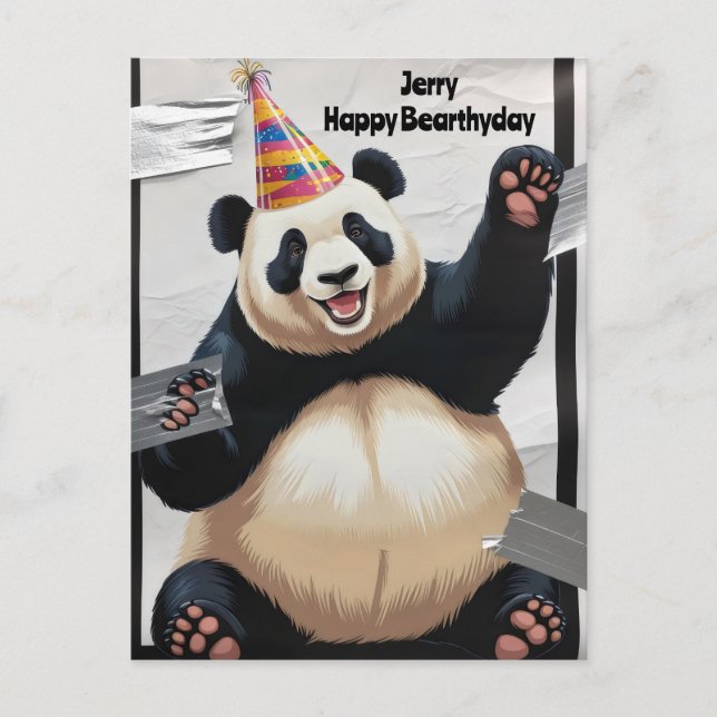 Carte Postale Panda géant assis avec un casquette d'anniversaire (Devant)