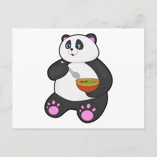 Carte Postale Panda mangeant avec une cuillère et un bol (Devant)