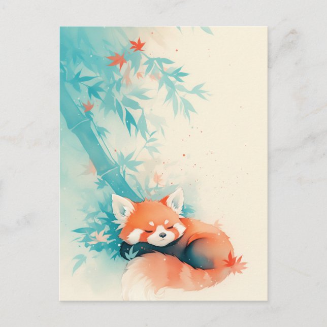 Carte Postale Panda roux endormi sous du bambou bleu (Devant)