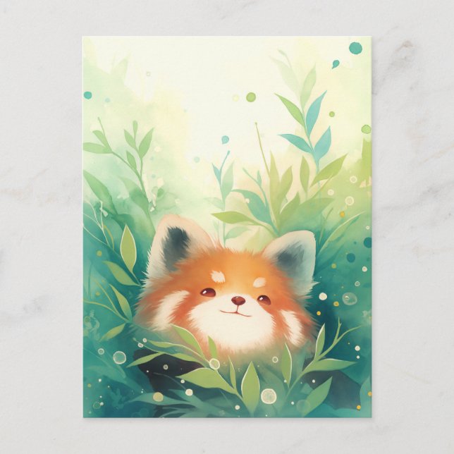 Carte Postale Panda roux heureux dans jardin vert (Devant)