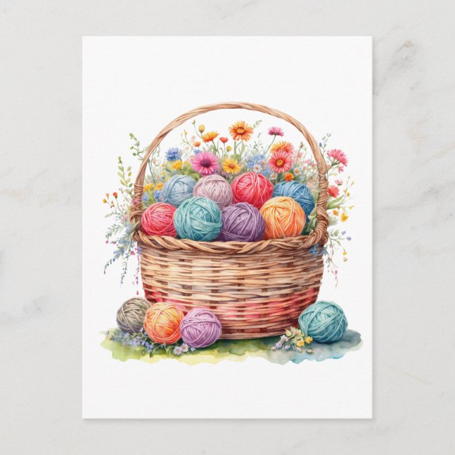 Carte Postale Panier aquarelle avec pelotes de laine et fleurs  (Devant)