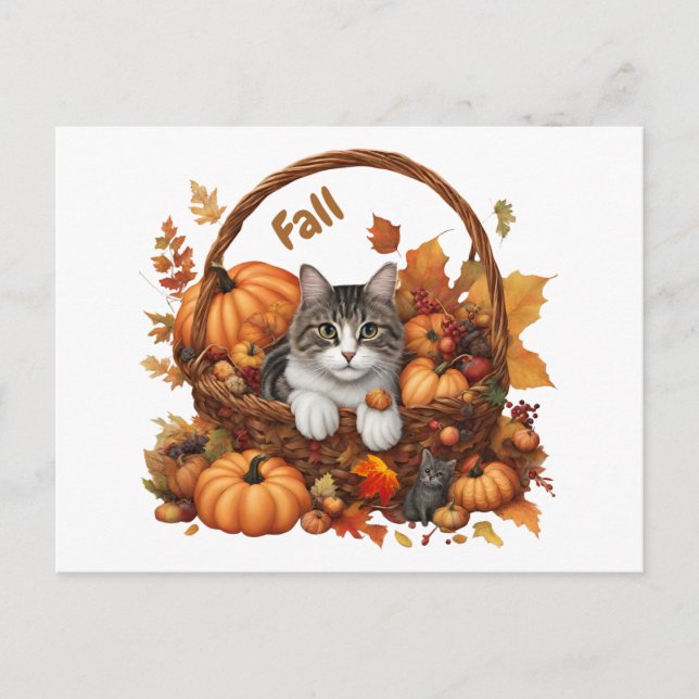 Carte Postale Panier Citrouille d'automne avec de mignons chats (Devant)