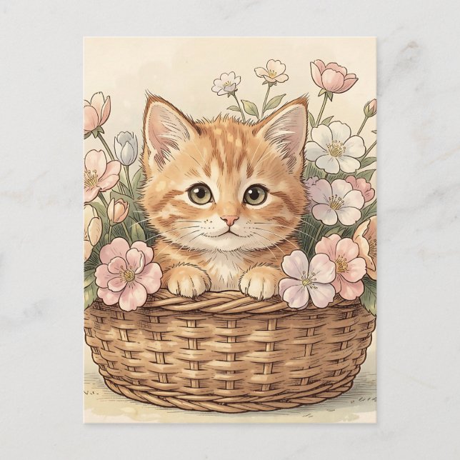 Carte Postale Panier de fleurs avec un adorable chaton roux (Devant)