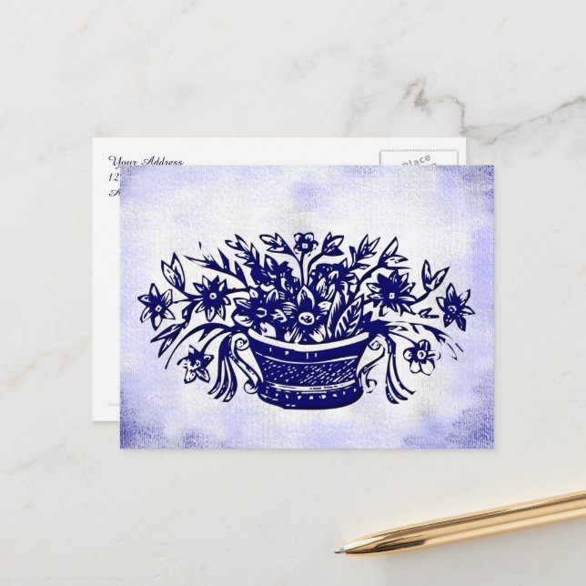 Carte Postale Panier de fleurs bleues et blanches sur toile faux (Devant/Arrière en situation)