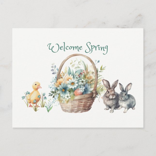 Carte Postale Panier de fleurs de printemps, lapins, canettes (Devant)