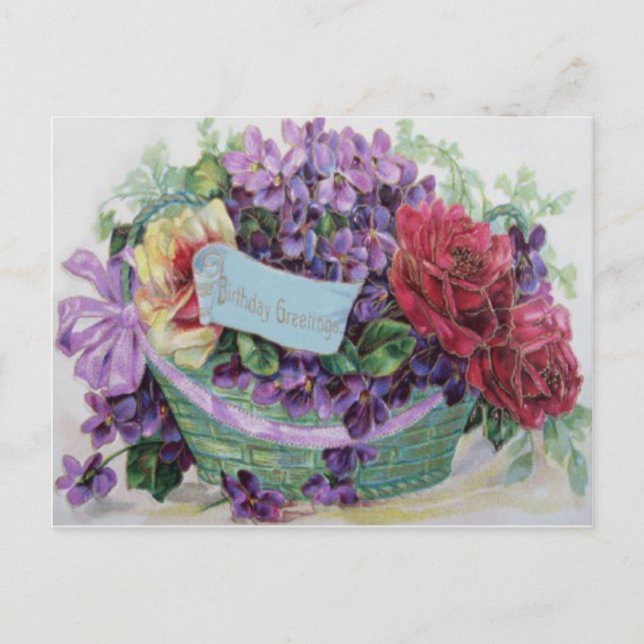 Carte Postale Panier de fleurs de rose violette Fleurs (Devant)