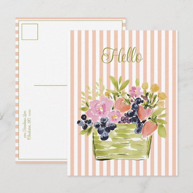 Carte Postale Panier de fruits et fleurs à l'aquarelle sur rayur (Devant / Derrière)