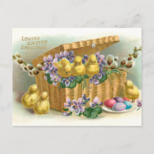 Carte Postale Panier de Pâques vintage, oeufs et poussins