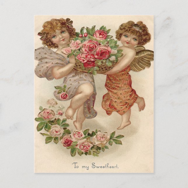 Carte Postale Panier de roses de l'ange Chérubin Cupidon (Devant)