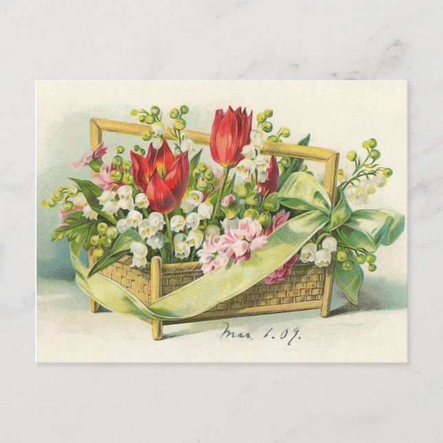 Carte Postale Panier victorien Tulipes rouges et Lys de la vallé (Devant)