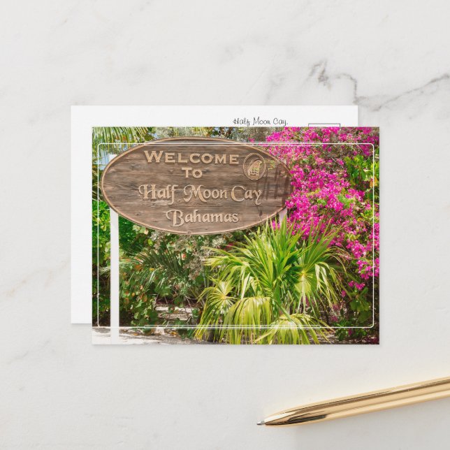 Carte Postale Panneau de bienvenue de Half Moon Cay (Devant/Arrière en situation)