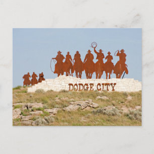 Carte Postale Panneau de la ville de Dodge - Cowboys - Chevaux -