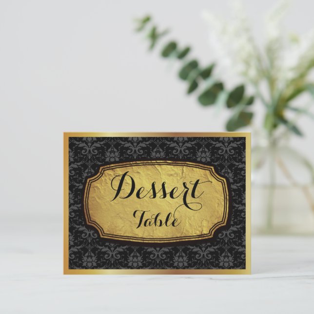 Carte Postale Panneau de table de dessert en damas noir or éléga (Debout devant)