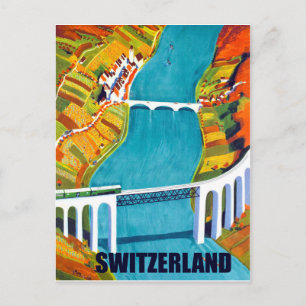 Carte Postale Panorama de la Suisse, ponts sur le lac, vintage