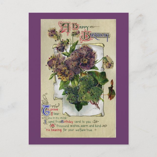 Carte Postale Pansies et Ivy Anniversaire Vintage (Devant)