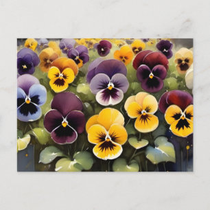 Carte Postale Pansies jaunes et violets aquarelle