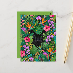 Carte Postale Panthère noire Fleurs de jungle et feuillage tropi