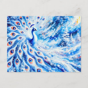 Carte Postale Paon abstrait en hiver avec de la neige en couleur